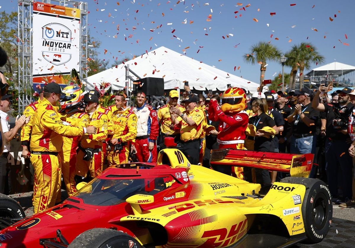 Mar 2, 2025; St. Petersburg, Florida, USA;  Driver Alex Palou (10) of Team Chip Ganassi Racing celebrate in the winners circle at the Firestone Grand Prix on the Streets of St. Petersburg. Mandatory Credit: Russell Lansford-Imagn Images