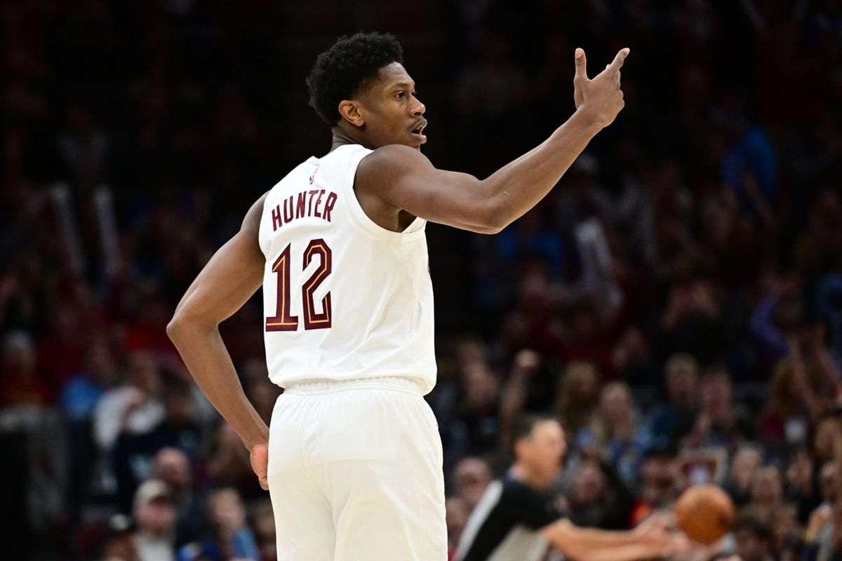Mar 2, 2025; Cleveland, Ohio, USA; Cleveland Cavaliers forward De'Andre Hunter (12) celebrates after hitting a three point basket during the second half against the Portland Trail Blazers at Rocket Arena. Mandatory Credit: Ken Blaze-Imagn Images