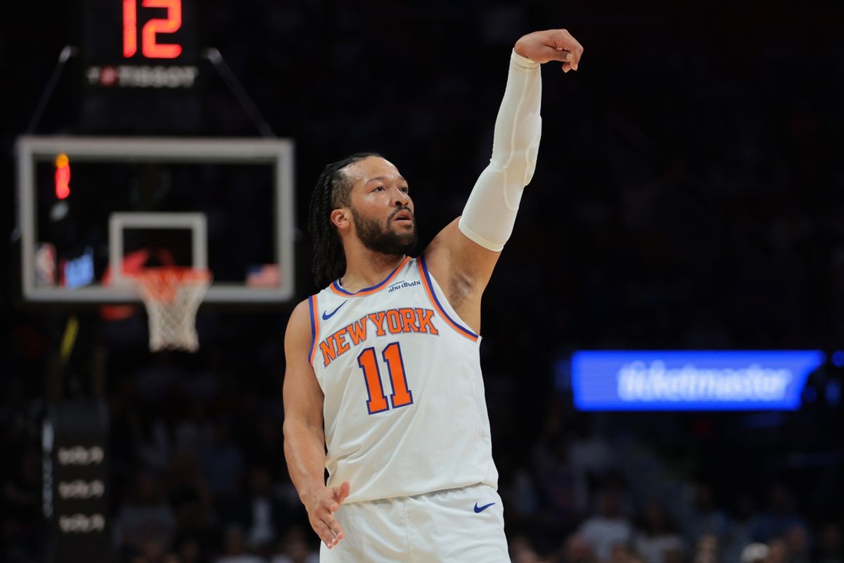Mar 2, 2025; Miami, Florida, USA; New York Knicks guard Jalen Brunson (11) watches his shot against the Miami Heat during the first quarter at Kaseya Center. Mandatory Credit: Sam Navarro-Imagn Images