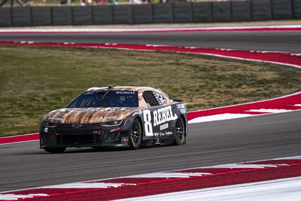 Rebel Bourbon Chevrolet driver Kyle Busch (8) rounds turn 17 during the NASCAR Cup Series EchoPark Automotive Grand Prix at Circuit of the Americas on Sunday, March 2, 2025 in Austin.