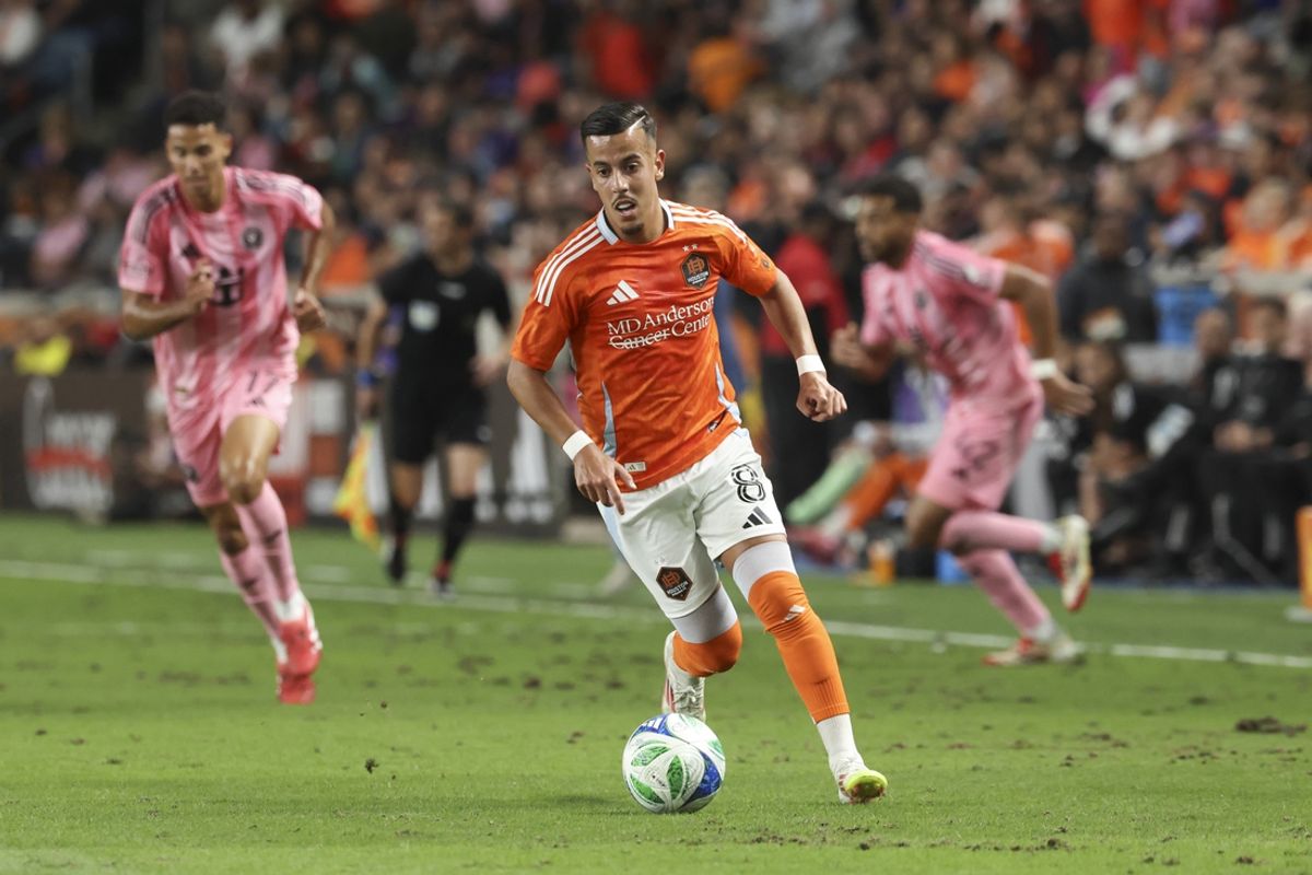 Mar 2, 2025; Houston, Texas, USA; Houston Dynamo FC midfielder Amine Bassi (8) controls the ball during the first half against Inter Miami CF at Shell Energy Stadium. Mandatory Credit: Troy Taormina-Imagn Images