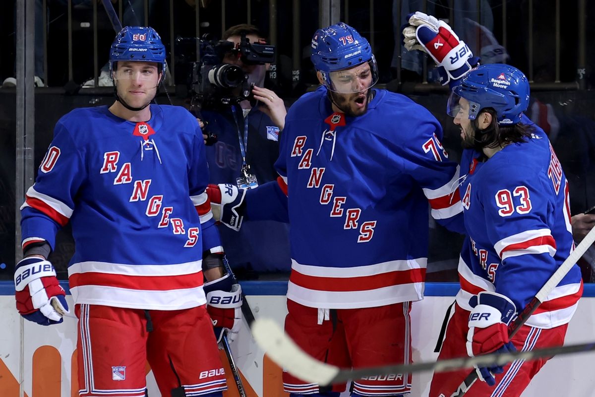 Mar 2, 2025; New York, New York, USA; New York Rangers defenseman K'Andre Miller (79) celebrates his goal against the Nashville Predators with left wing Will Cuylle (50) and center Mika Zibanejad (93) during the second period at Madison Square Garden. Mandatory Credit: Brad Penner-Imagn Images