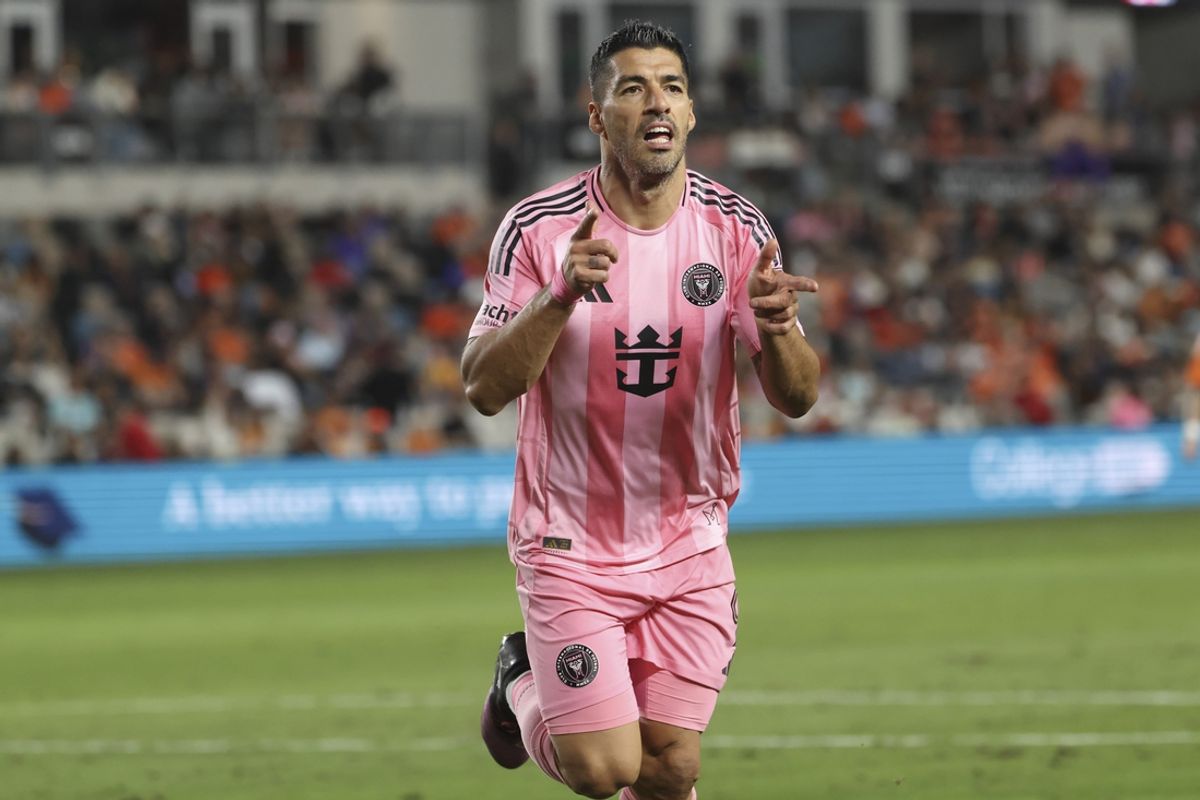 Mar 2, 2025; Houston, Texas, USA; Inter Miami CF forward Luis Suarez (9) celebrates after scoring a goal during the second half against Houston Dynamo FC at Shell Energy Stadium. Mandatory Credit: Troy Taormina-Imagn Images