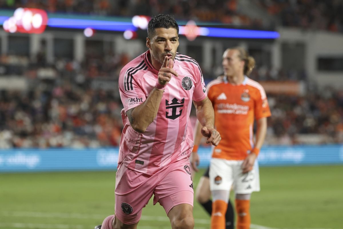 Mar 2, 2025; Houston, Texas, USA; Inter Miami CF forward Luis Suarez (9) celebrates after scoring a goal during the second half against Houston Dynamo FC at Shell Energy Stadium. Mandatory Credit: Troy Taormina-Imagn Images