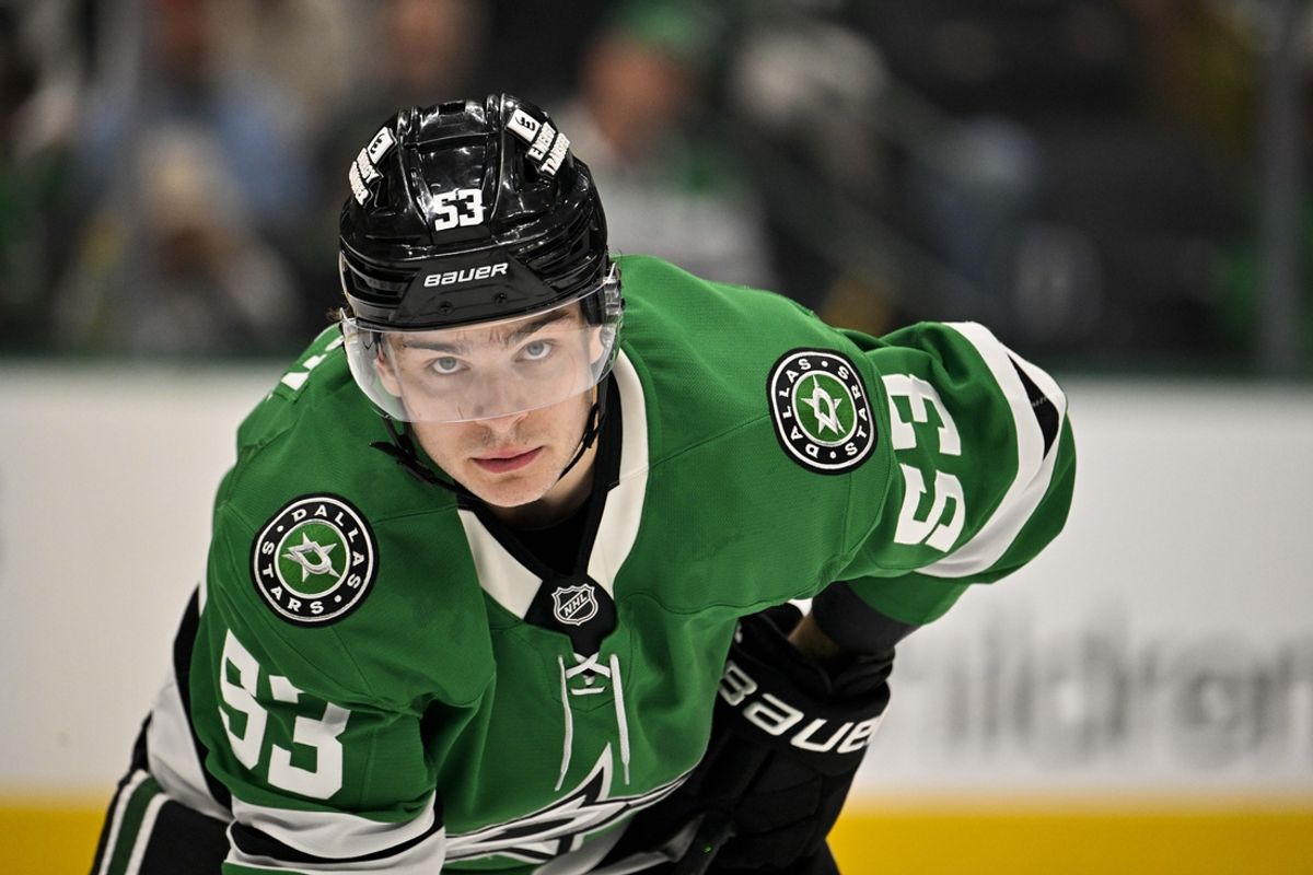 Mar 2, 2025; Dallas, Texas, USA; Dallas Stars center Wyatt Johnston (53) looks on during the first period of the game between the Dallas Stars and the St. Louis Blues at the American Airlines Center. Mandatory Credit: Jerome Miron-Imagn Images