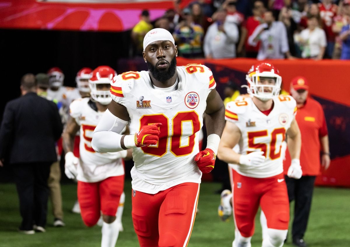 Feb 9, 2025; New Orleans, LA, USA;  Kansas City Chiefs defensive end Charles Omenihu (90) against the Philadelphia Eagles in Super Bowl LIX at Ceasars Superdome. Mandatory Credit: Mark J. Rebilas-Imagn Images