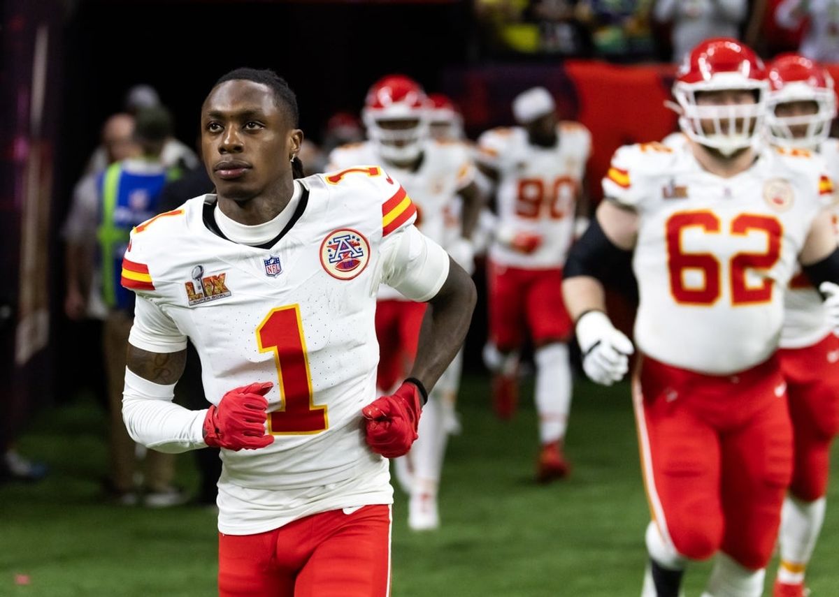 Feb 9, 2025; New Orleans, LA, USA;  Kansas City Chiefs wide receiver Xavier Worthy (1) against the Philadelphia Eagles in Super Bowl LIX at Ceasars Superdome. Mandatory Credit: Mark J. Rebilas-Imagn Images