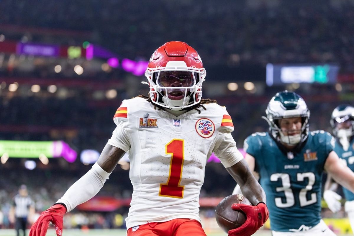 Feb 9, 2025; New Orleans, LA, USA;  Kansas City Chiefs wide receiver Xavier Worthy (1) against the Philadelphia Eagles in Super Bowl LIX at Ceasars Superdome. Mandatory Credit: Mark J. Rebilas-Imagn Images