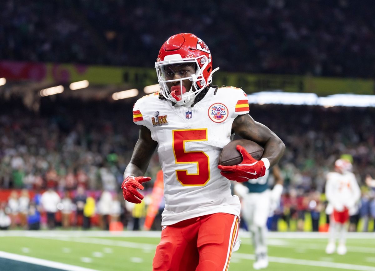 Feb 9, 2025; New Orleans, LA, USA;  Kansas City Chiefs wide receiver Marquise Brown (5) against the Philadelphia Eagles in Super Bowl LIX at Ceasars Superdome. Mandatory Credit: Mark J. Rebilas-Imagn Images