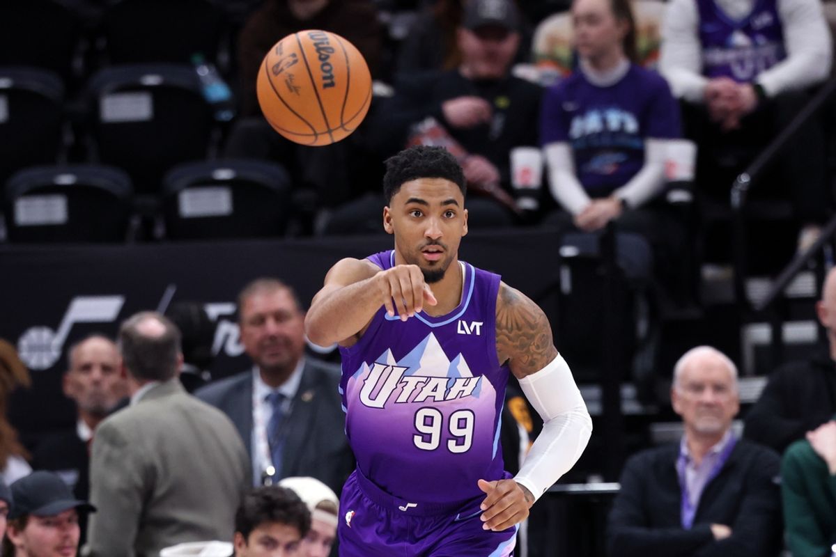 Mar 2, 2025; Salt Lake City, Utah, USA; Utah Jazz forward KJ Martin (99) passes the ball against the New Orleans Pelicans during the second half at Delta Center. Mandatory Credit: Rob Gray-Imagn Images
