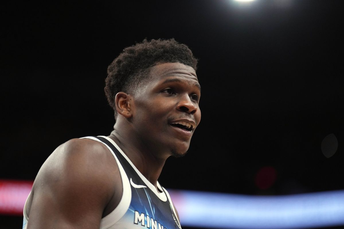 Mar 2, 2025; Phoenix, Arizona, USA; Minnesota Timberwolves guard Anthony Edwards (5) looks on against the Phoenix Suns during the second half at Footprint Center. Mandatory Credit: Joe Camporeale-Imagn Images
