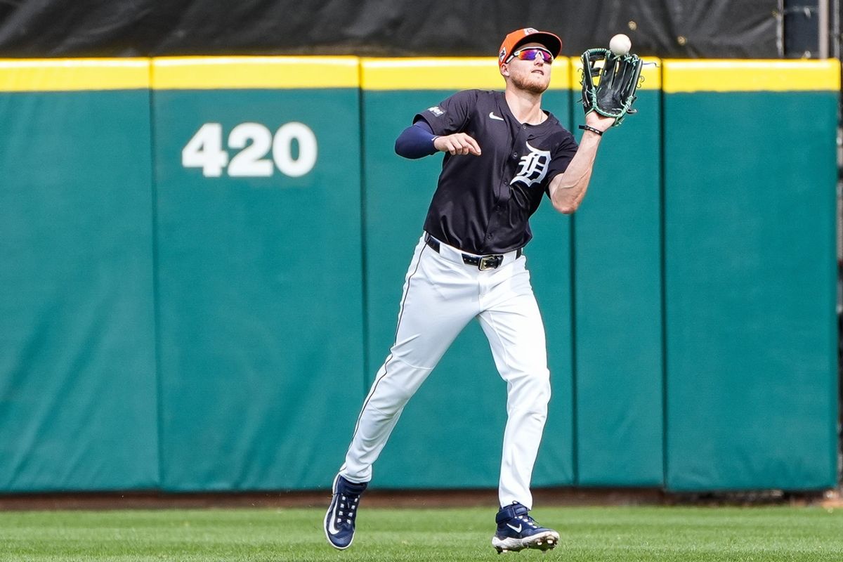 Detroit Tigers center fielder Parker Meadows catches a fly ball against the Philadelphia Phillies during the second inning of a Grapefruit League game at Joker Marchant Stadium in Lakeland, Fla. on Saturday, Feb. 22, 2025.