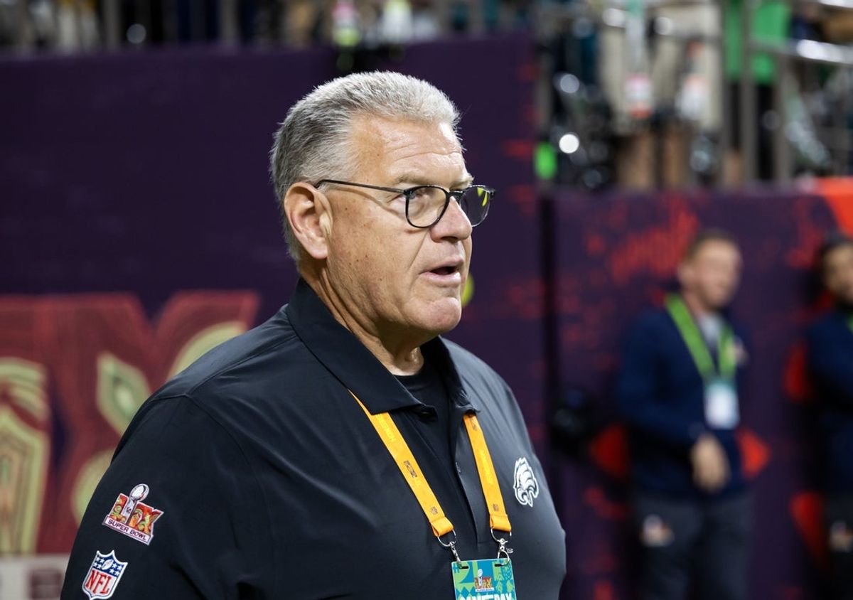 Feb 9, 2025; New Orleans, LA, USA; Philadelphia Eagles offensive line coach Jeff Stoutland against the Kansas City Chiefs during Super Bowl LIX at Ceasars Superdome. Mandatory Credit: Mark J. Rebilas-Imagn Images