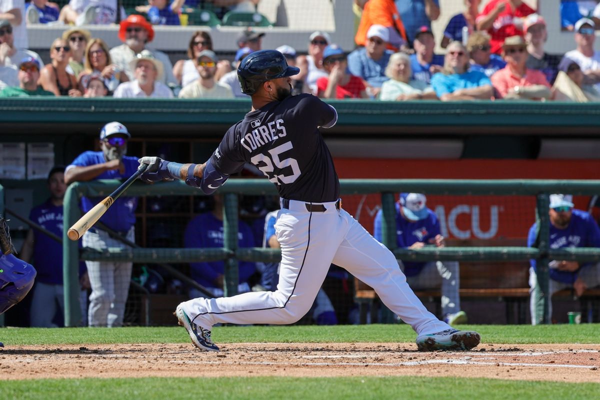 Mar 3, 2025; Lakeland, Florida, USA; Detroit Tigers second baseman Gleyber Torres (25) bats during the third inning against the Toronto Blue Jays at Publix Field at Joker Marchant Stadium. Mandatory Credit: Mike Watters-Imagn Images (file photo)
