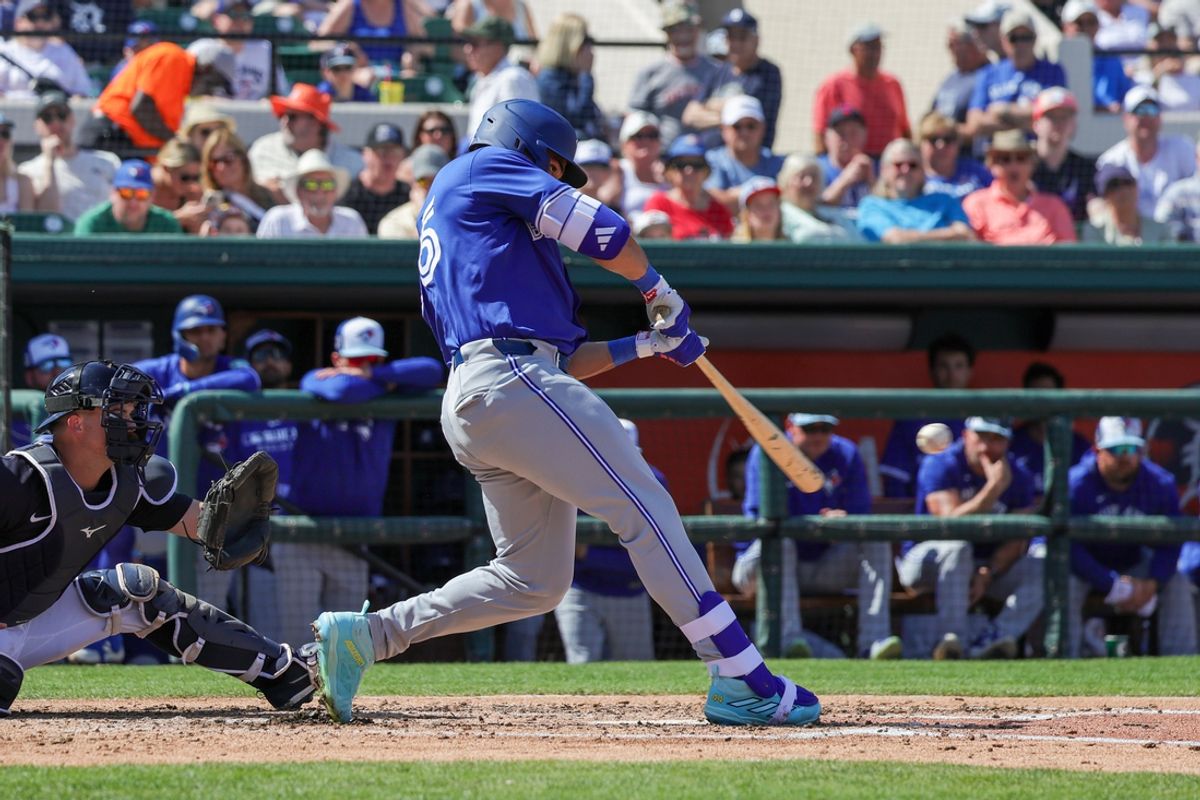 Mar 3, 2025; Lakeland, Florida, USA; Toronto Blue Jays outfielder Anthony Santander (25) hits an RBI single during the fourth inning against the Detroit Tigers at Publix Field at Joker Marchant Stadium. Mandatory Credit: Mike Watters-Imagn Images