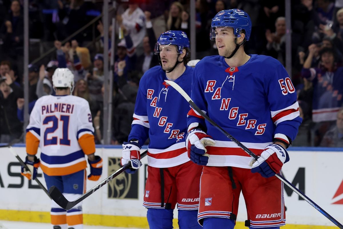 Mar 3, 2025; New York, New York, USA; New York Rangers left wing Will Cuylle (50) reacts after scoring a goal against the New York Islanders during the first period at Madison Square Garden. Mandatory Credit: Brad Penner-Imagn Images