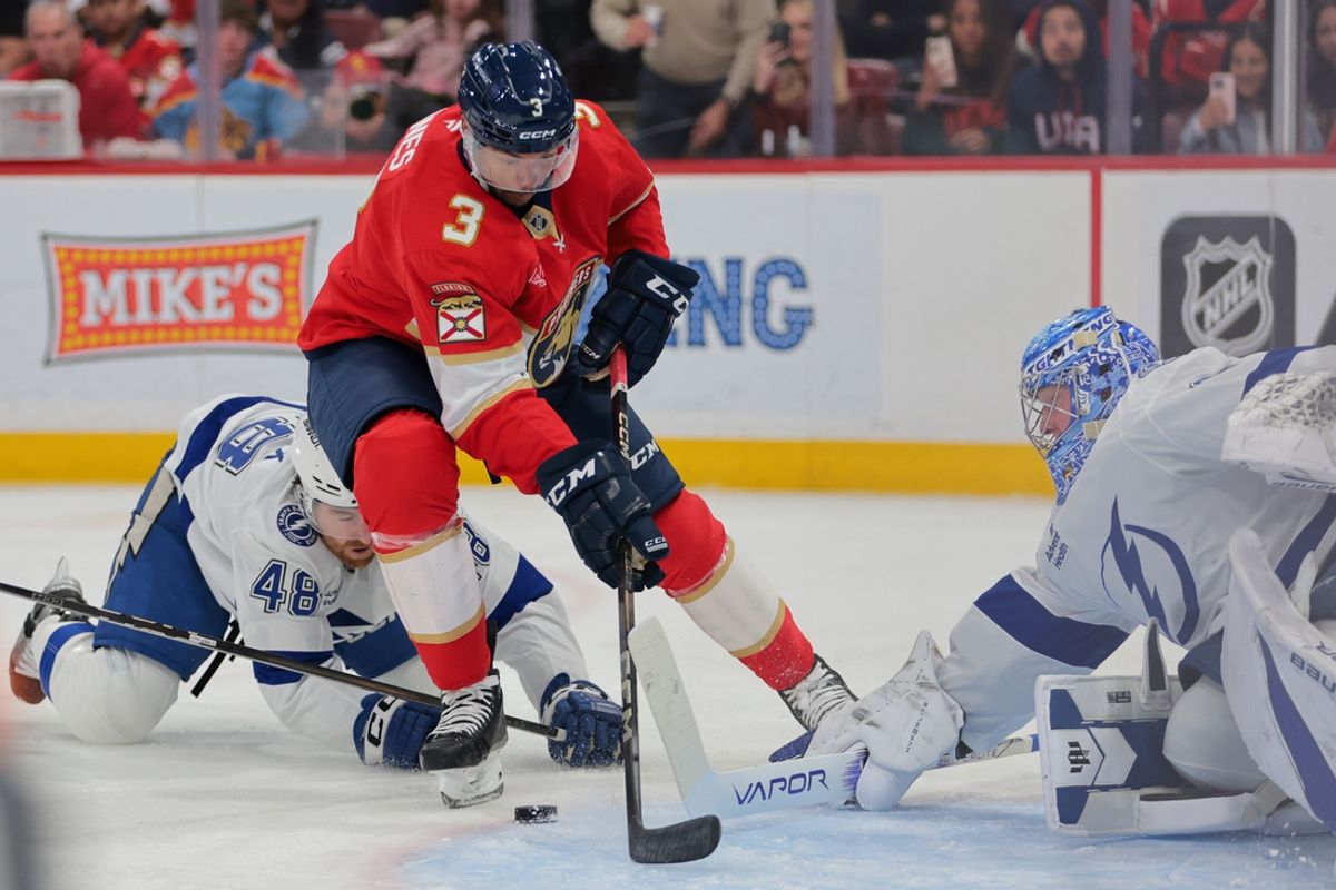 Mar 3, 2025; Sunrise, Florida, USA; Florida Panthers defenseman Seth Jones (3) moves the puck past Tampa Bay Lightning defenseman Nick Perbix (48) during the second period at Amerant Bank Arena. Mandatory Credit: Sam Navarro-Imagn Images