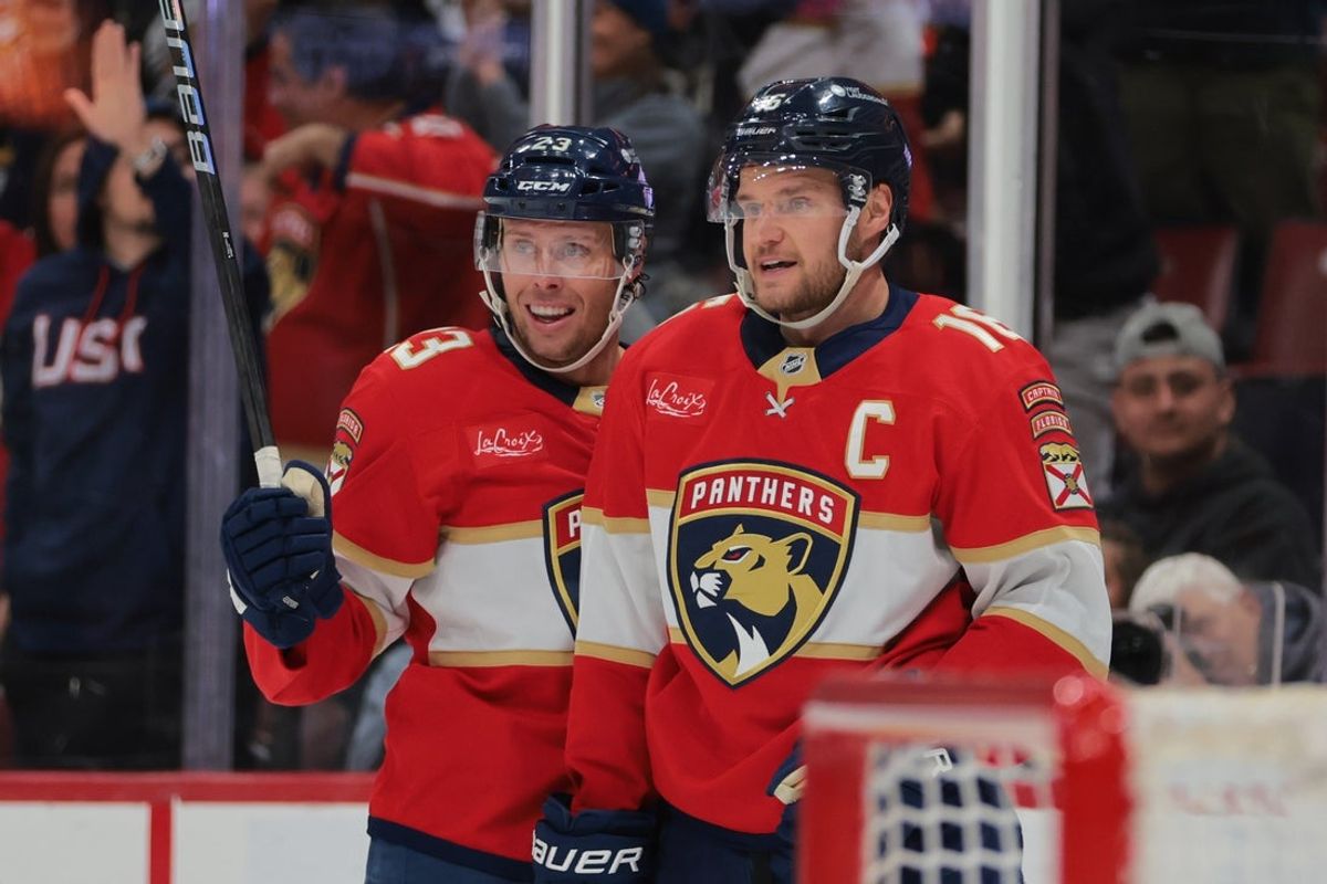 Mar 3, 2025; Sunrise, Florida, USA; Florida Panthers center Aleksander Barkov (16) celebrates with center Carter Verhaeghe (23) after scoring against the Tampa Bay Lightning during the second period at Amerant Bank Arena. Mandatory Credit: Sam Navarro-Imagn Images
