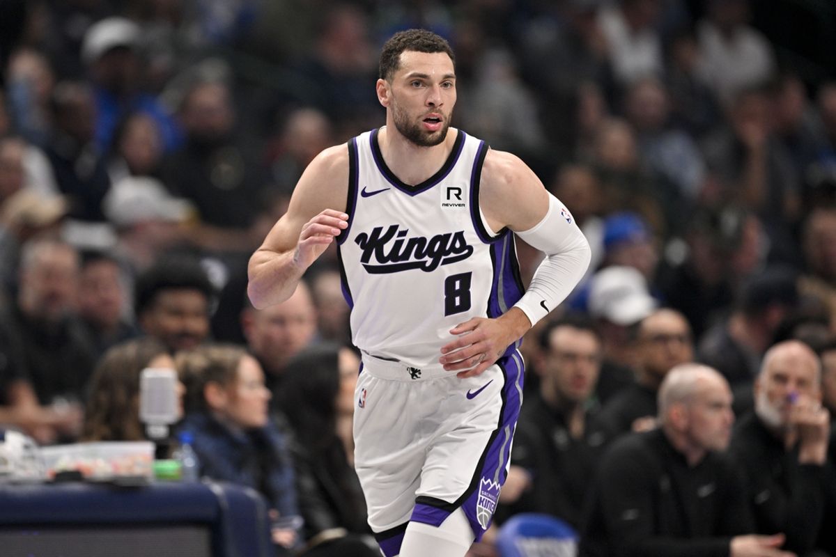 Mar 3, 2025; Dallas, Texas, USA; Sacramento Kings guard Zach LaVine (8) runs back up the court after scoring against the Dallas Mavericks during the first quarter at the American Airlines Center. Mandatory Credit: Jerome Miron-Imagn Images