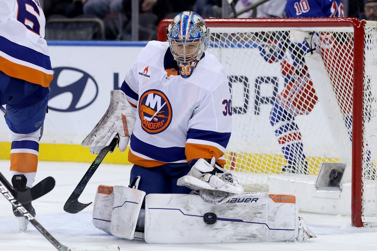 Mar 3, 2025; New York, New York, USA; New York Islanders goaltender Ilya Sorokin (30) makes a save against the New York Rangers during the third period at Madison Square Garden. Mandatory Credit: Brad Penner-Imagn Images