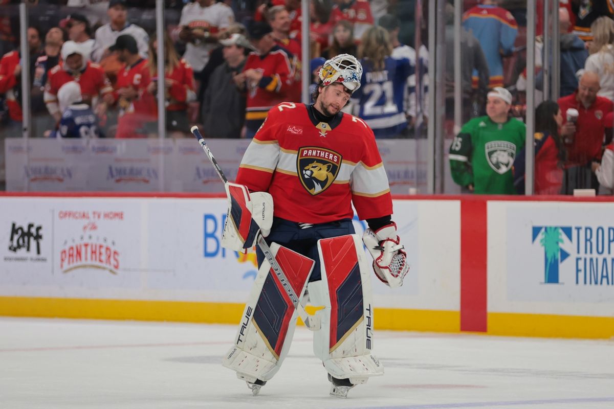 Mar 3, 2025; Sunrise, Florida, USA; Florida Panthers goaltender Sergei Bobrovsky (72) looks on after the game against the Tampa Bay Lightning at Amerant Bank Arena. Mandatory Credit: Sam Navarro-Imagn Images