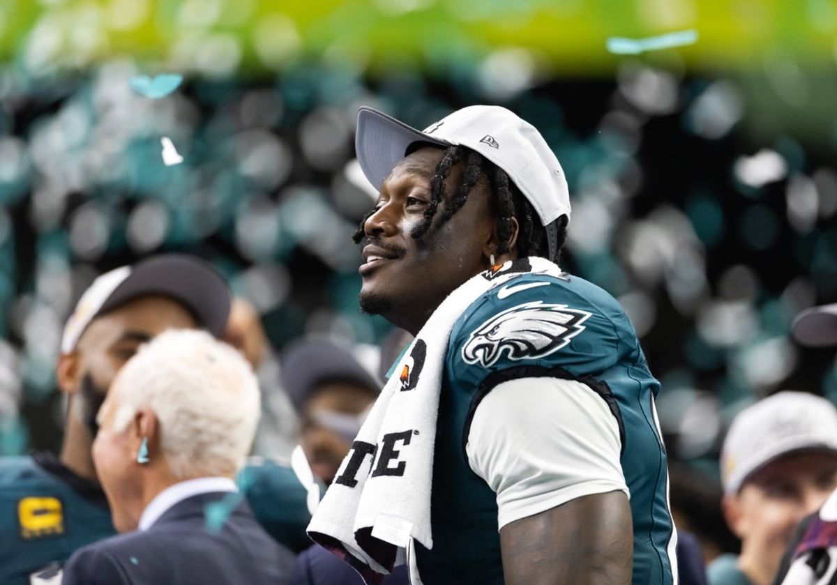 Feb 9, 2025; New Orleans, LA, USA; Philadelphia Eagles wide receiver A.J. Brown (11) celebrates after defeating the Kansas City Chiefs during Super Bowl LIX at Ceasars Superdome. Mandatory Credit: Mark J. Rebilas-Imagn Images