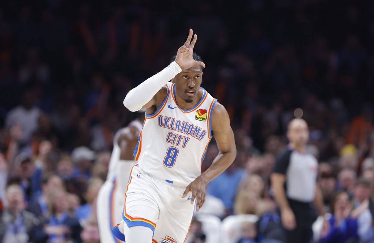 Mar 3, 2025; Oklahoma City, Oklahoma, USA; Oklahoma City Thunder forward Jalen Williams (8) gestures after scoring against the Houston Rockets during the second half at Paycom Center. Mandatory Credit: Alonzo Adams-Imagn Images