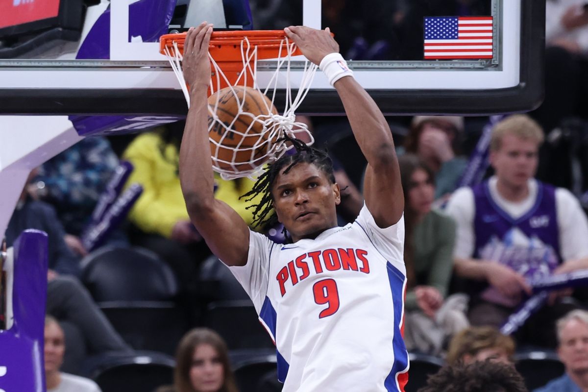 Mar 3, 2025; Salt Lake City, Utah, USA; Detroit Pistons forward Ausar Thompson (9) dunks against the Utah Jazz during the second half at Delta Center. Mandatory Credit: Rob Gray-Imagn Images