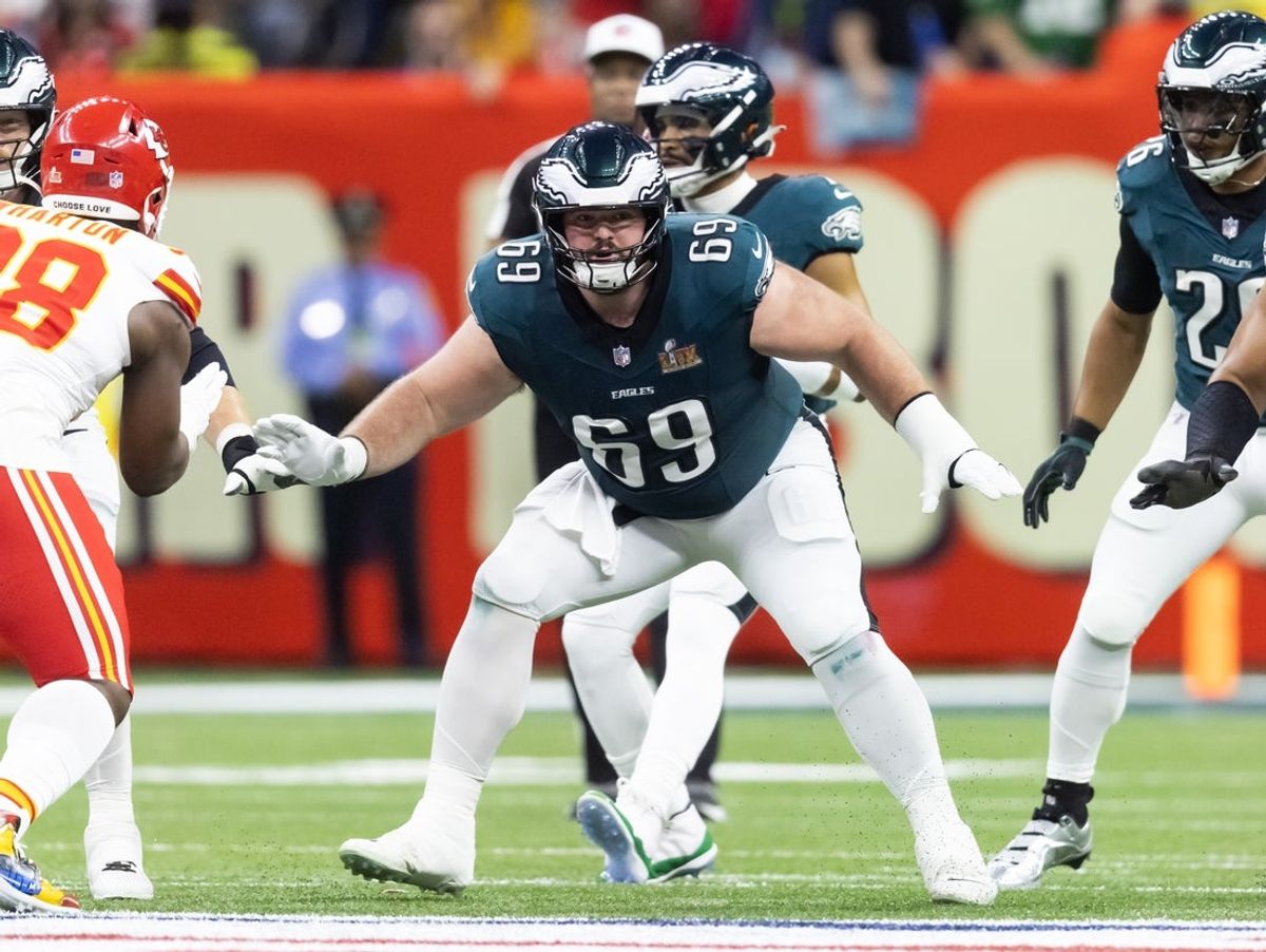 Feb 9, 2025; New Orleans, LA, USA; Philadelphia Eagles  guard Landon Dickerson (69) against the Kansas City Chiefs during Super Bowl LIX at Ceasars Superdome. Mandatory Credit: Mark J. Rebilas-Imagn Images