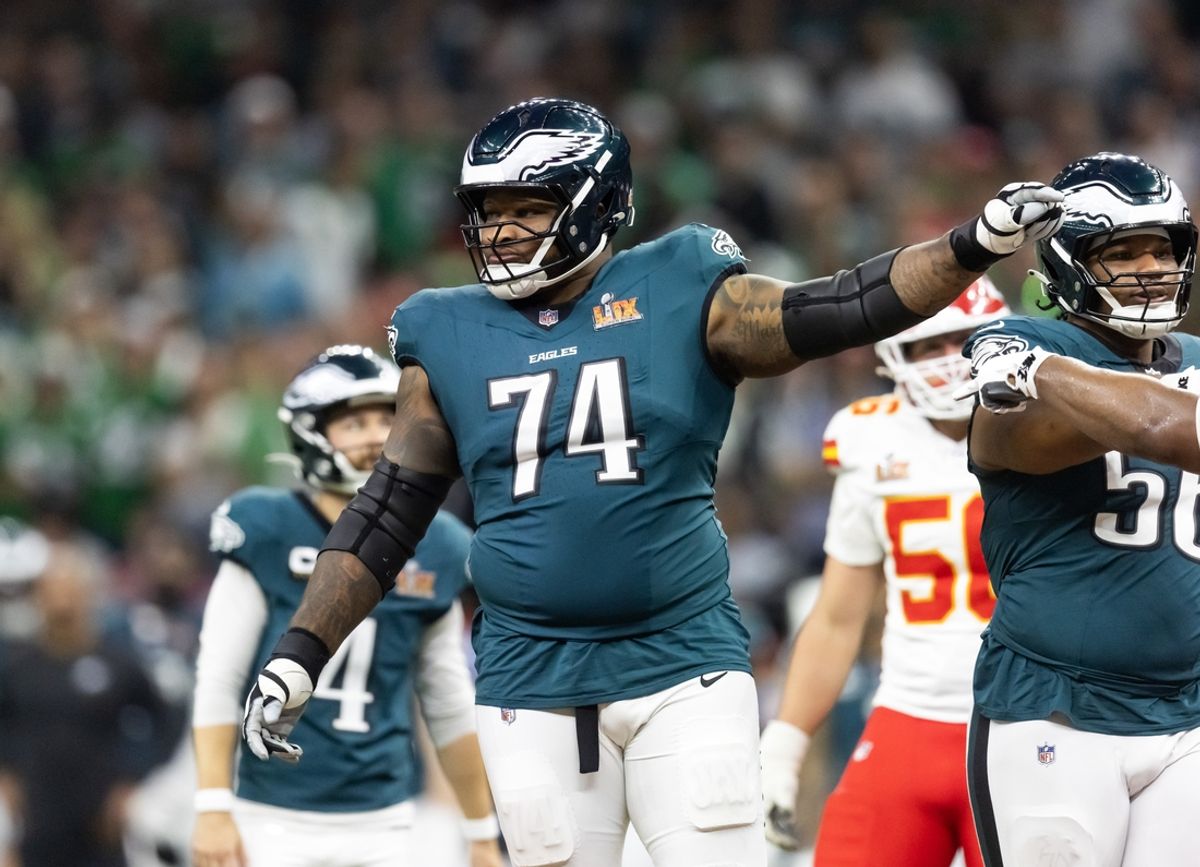 Feb 9, 2025; New Orleans, LA, USA; Philadelphia Eagles offensive tackle Fred Johnson (74) against the Kansas City Chiefs during Super Bowl LIX at Ceasars Superdome. Mandatory Credit: Mark J. Rebilas-Imagn Images