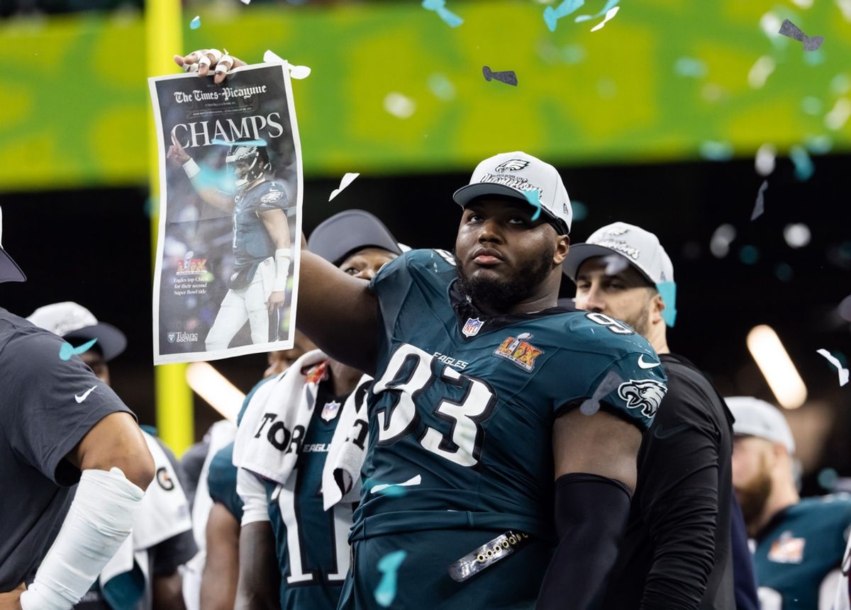 Feb 9, 2025; New Orleans, LA, USA; Philadelphia Eagles  defensive tackle Milton Williams (93) celebrates after defeating the Kansas City Chiefs during Super Bowl LIX at Ceasars Superdome. Mandatory Credit: Mark J. Rebilas-Imagn Images