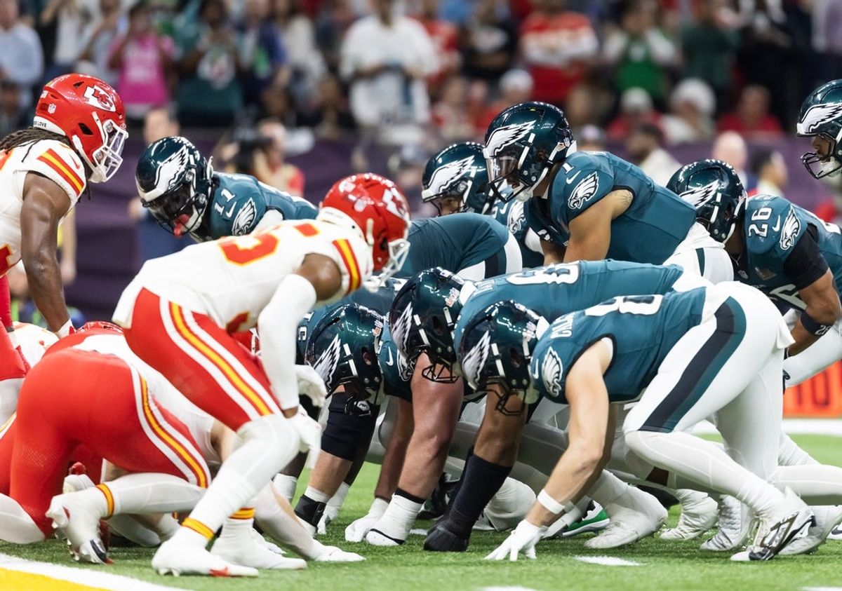 Feb 9, 2025; New Orleans, LA, USA; Philadelphia Eagles quarterback Jalen Hurts (1) lines up for the tush push play on the goal line against the Kansas City Chiefs during Super Bowl LIX at Ceasars Superdome. Mandatory Credit: Mark J. Rebilas-Imagn Images