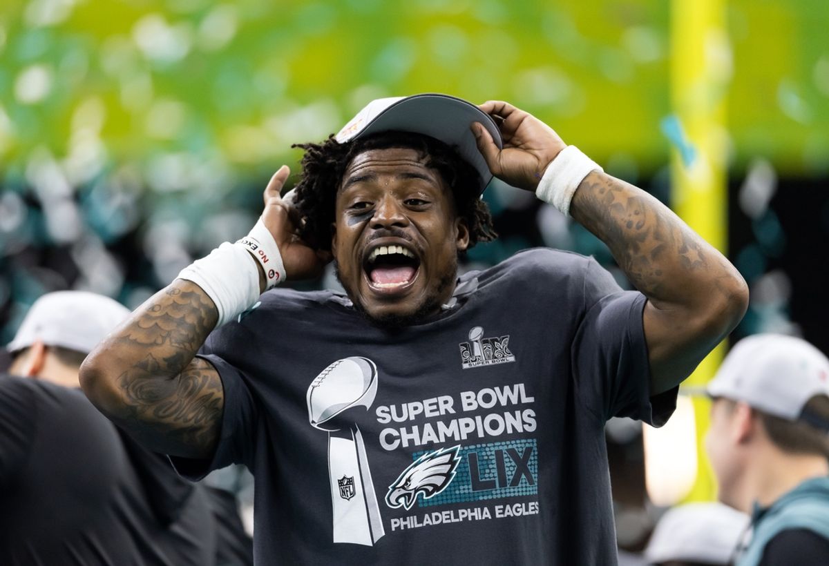 Feb 9, 2025; New Orleans, LA, USA; Philadelphia Eagles safety C.J. Gardner-Johnson celebrates after defeating the Kansas City Chiefs in Super Bowl LIX at Ceasars Superdome. Mandatory Credit: Mark J. Rebilas-Imagn Images