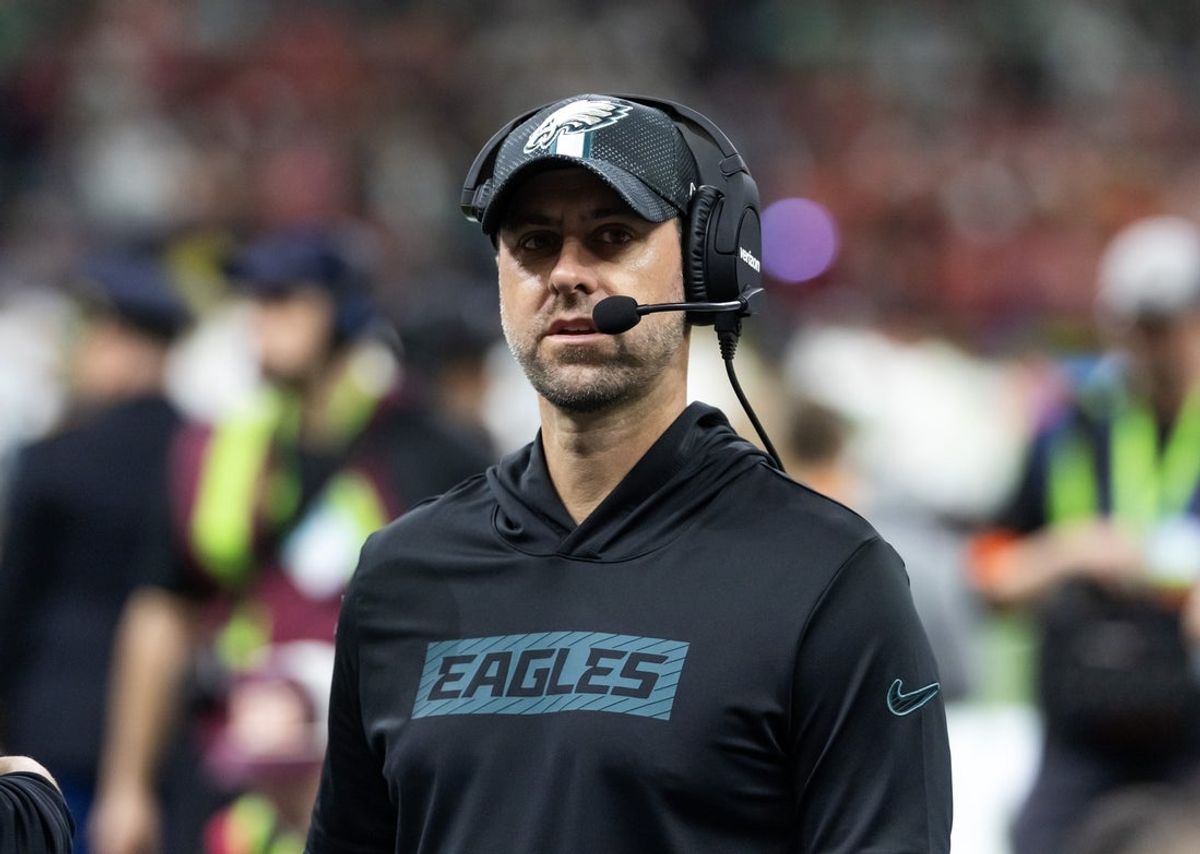 Feb 9, 2025; New Orleans, LA, USA; Philadelphia Eagles  pass game coordinator Kevin Patullo against the Kansas City Chiefs during Super Bowl LIX at Ceasars Superdome. Mandatory Credit: Mark J. Rebilas-Imagn Images