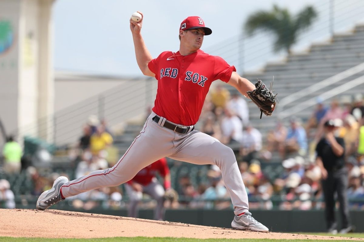 Mar 4, 2025; Bradenton, Florida, USA; Boston Red Sox starting pitcher Quinn Priester (68) throws a pitch during the first inning against the Pittsburgh Pirates at LECOM Park. Mandatory Credit: Kim Klement Neitzel-Imagn Images