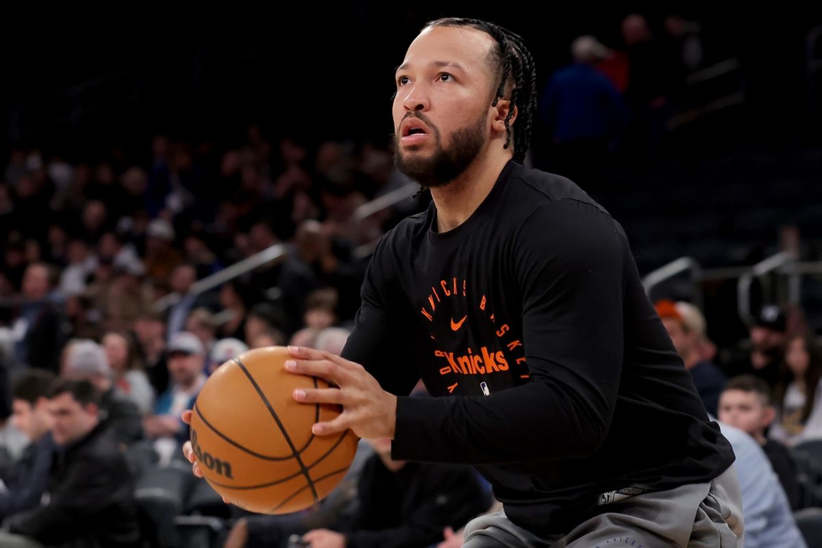 Mar 4, 2025; New York, New York, USA; New York Knicks guard Jalen Brunson (11) warms up before a game against the Golden State Warriors at Madison Square Garden. Mandatory Credit: Brad Penner-Imagn Images