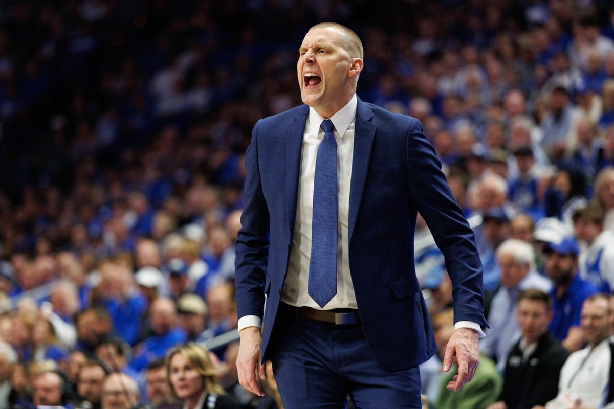 Mar 4, 2025; Lexington, Kentucky, USA; Kentucky Wildcats head coach Mark Pope yells to his players during the first half against the LSU Tigers at Rupp Arena at Central Bank Center. Mandatory Credit: Jordan Prather-Imagn Images