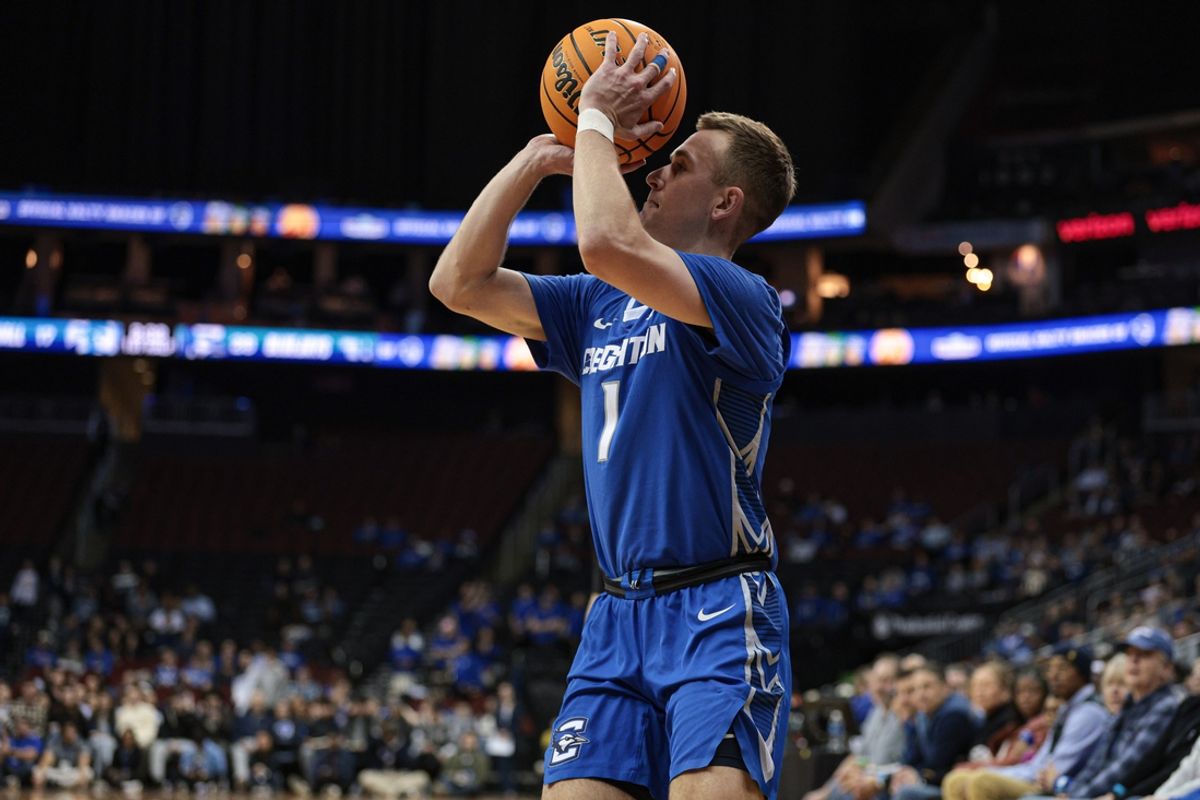 Mar 4, 2025; Newark, New Jersey, USA; Creighton Bluejays guard Steven Ashworth (1) shoots the ball against the Seton Hall Pirates during the first half at Prudential Center. Mandatory Credit: Vincent Carchietta-Imagn Images