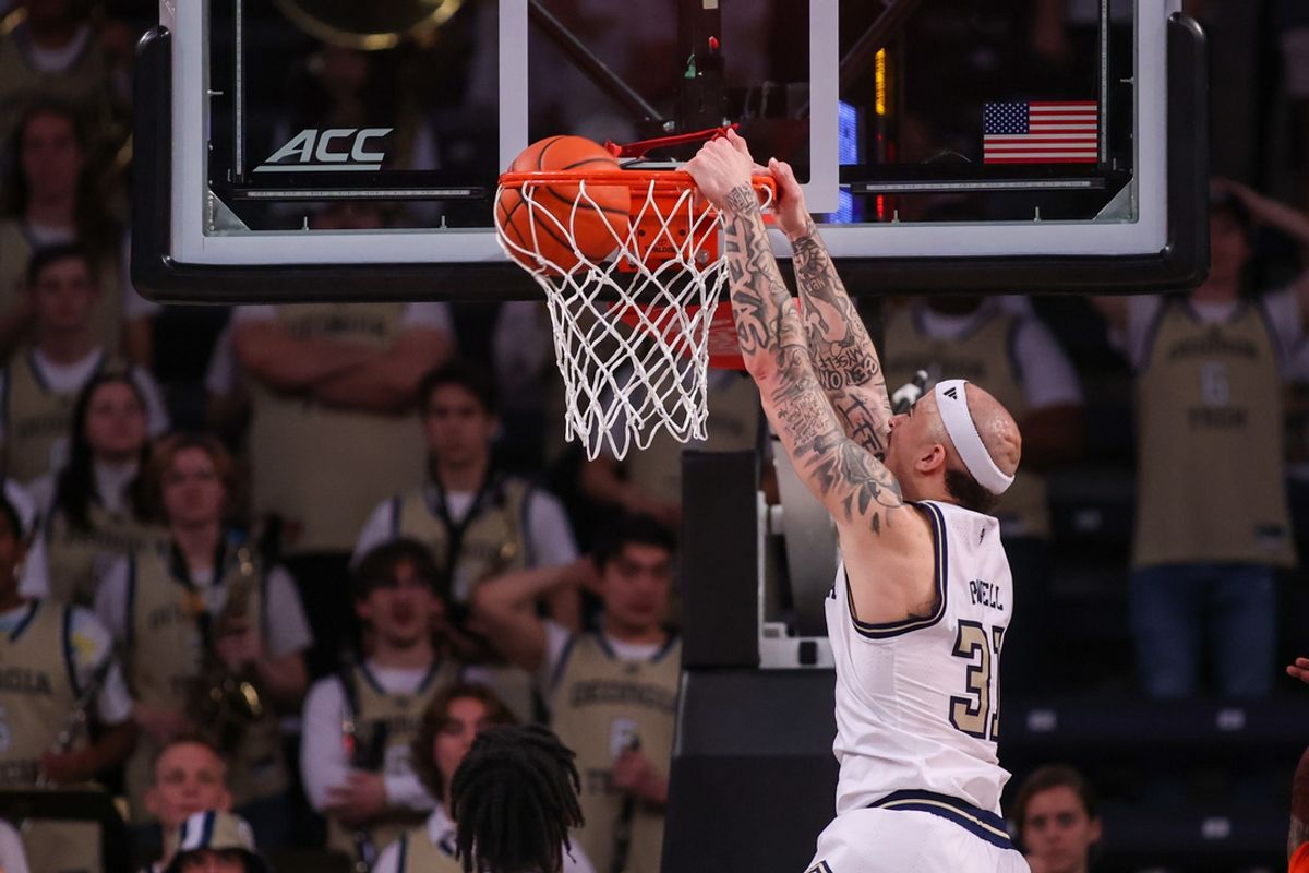 Mar 4, 2025; Atlanta, Georgia, USA; Georgia Tech Yellow Jackets forward Duncan Powell (31) dunks against the Miami Hurricanes in the first half at McCamish Pavilion. Mandatory Credit: Brett Davis-Imagn Images