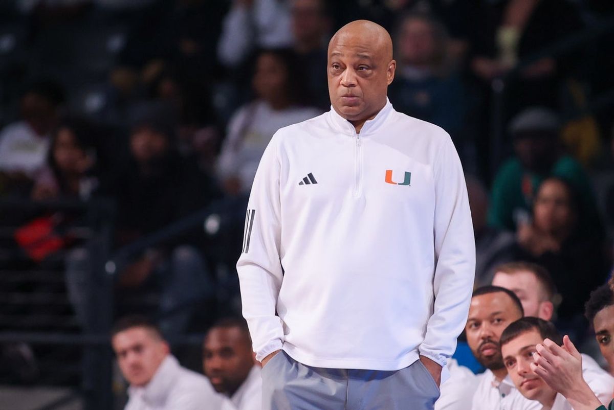 Mar 4, 2025; Atlanta, Georgia, USA; Miami Hurricanes head coach Bill Courtney on the sideline against the Georgia Tech Yellow Jackets in the first half at McCamish Pavilion. Mandatory Credit: Brett Davis-Imagn Images