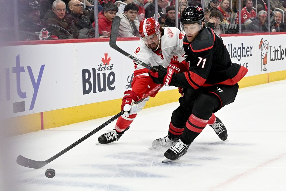 Mar 4, 2025; Detroit, Michigan, USA;  Carolina Hurricanes left wing Taylor Hall (71) battles for control of the puck with Detroit Red Wings defenseman Justin Holl (3) in the first period at Little Caesars Arena. Mandatory Credit: Lon Horwedel-Imagn Images