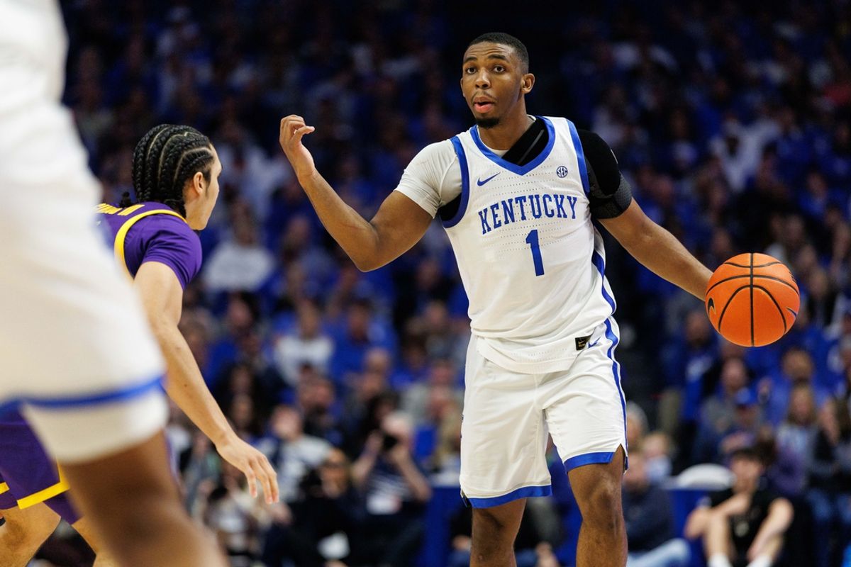 Mar 4, 2025; Lexington, Kentucky, USA; Kentucky Wildcats guard Lamont Butler (1) handles the ball during the second half against the LSU Tigers at Rupp Arena at Central Bank Center. Mandatory Credit: Jordan Prather-Imagn Images