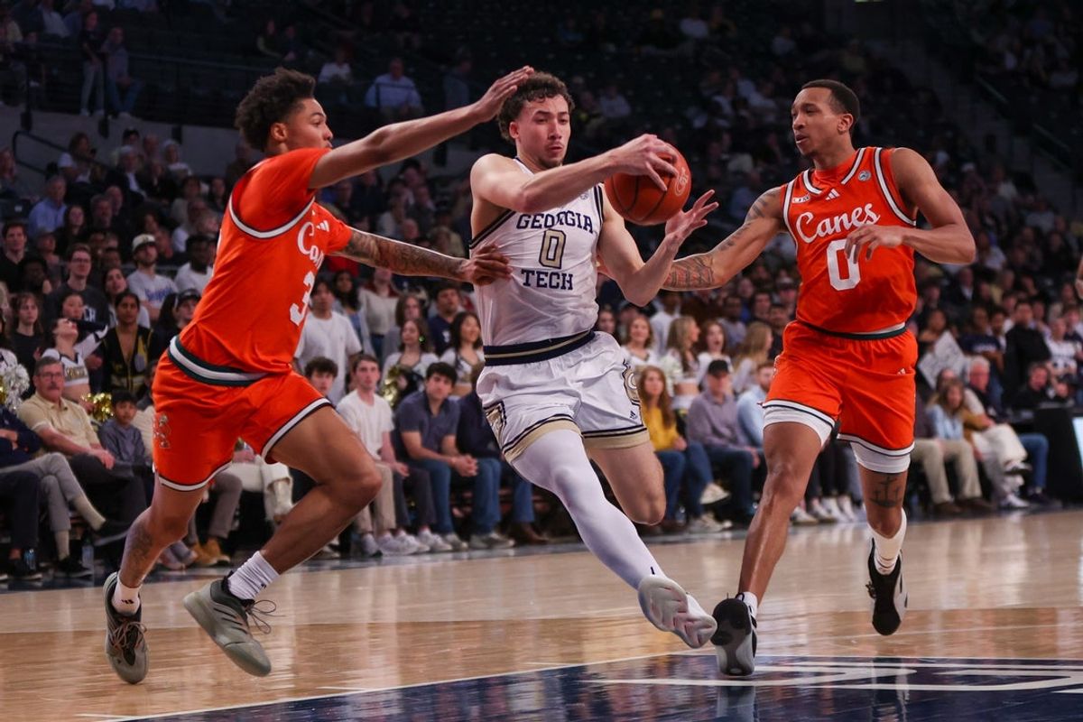 Mar 4, 2025; Atlanta, Georgia, USA; Georgia Tech Yellow Jackets guard Lance Terry (0) drives to the basket against the Miami Hurricanes in the second half at McCamish Pavilion. Mandatory Credit: Brett Davis-Imagn Images