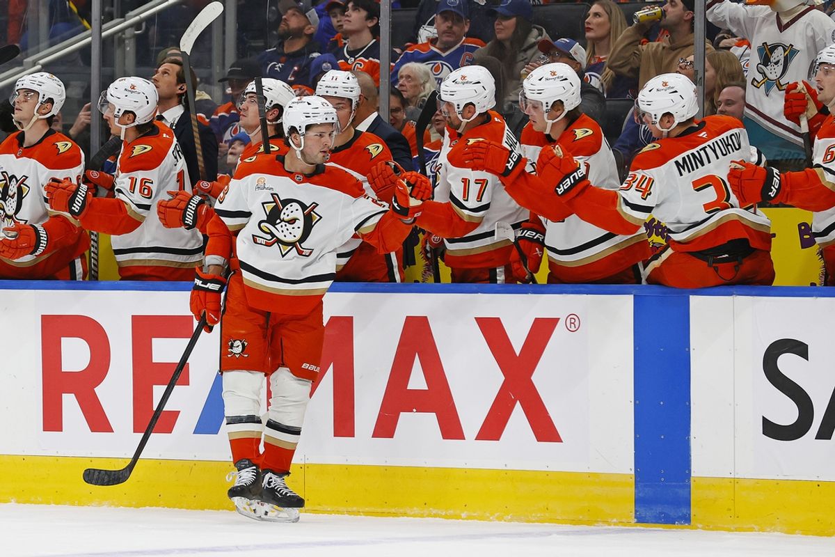 Mar 4, 2025; Edmonton, Alberta, CAN; The Anaheim Ducks celebrate a goal scored by forward Mason MacTavish (23) during the first period against the Edmonton Oilers at Rogers Place. Mandatory Credit: Perry Nelson-Imagn Images