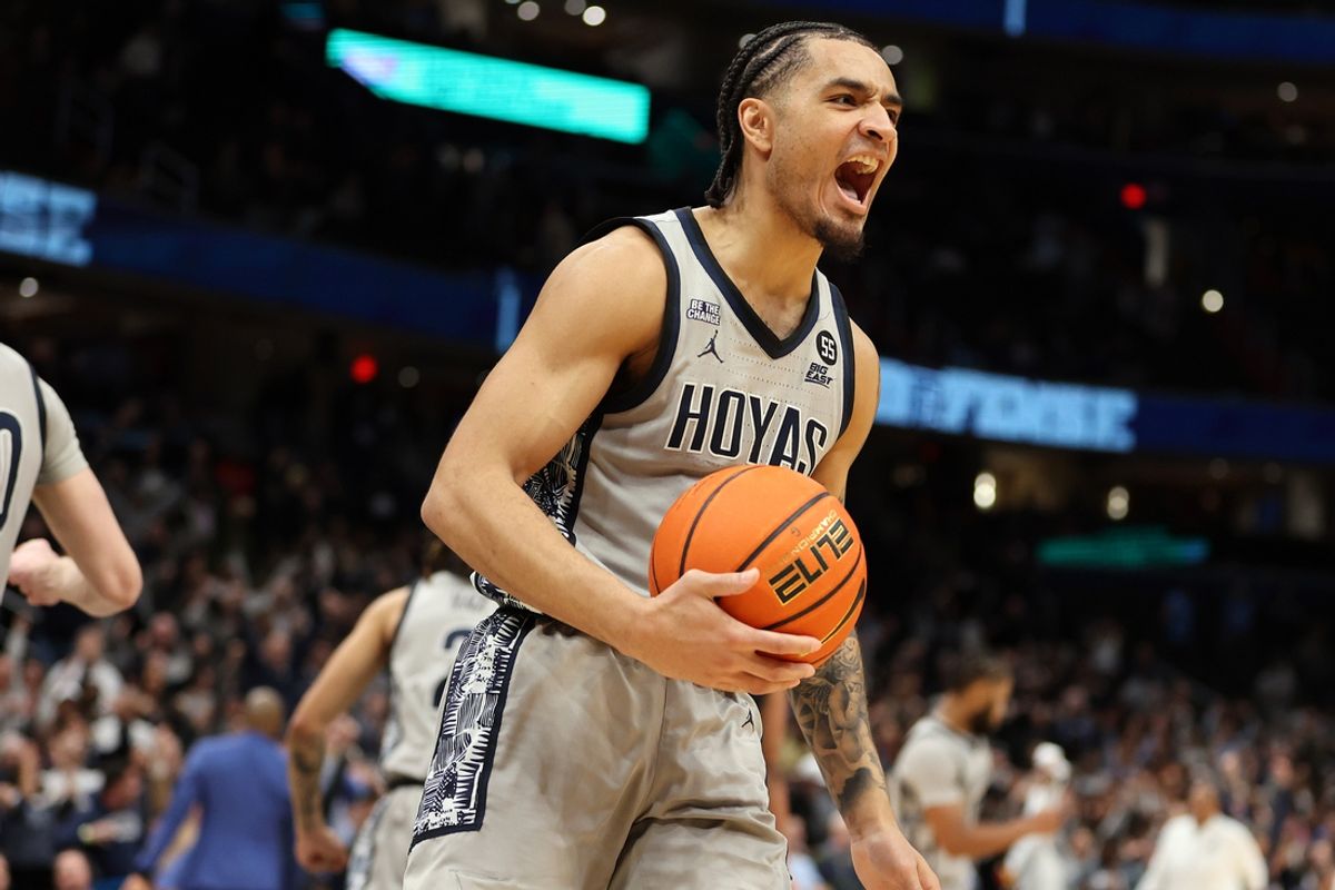 Mar 4, 2025; Washington, District of Columbia, USA; Georgetown Hoyas guard Micah Peavy (5) celebrates during the second half against the Villanova Wildcats at Capital One Arena. Mandatory Credit: Daniel Kucin Jr.-Imagn Images