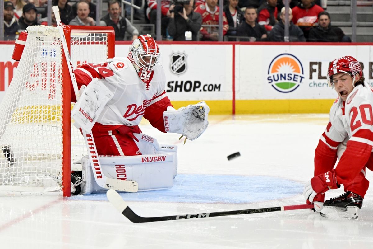 Mar 4, 2025; Detroit, Michigan, USA;  Detroit Red Wings goaltender Alex Lyon (34) gets ready to stops a shot on goal by the Carolina Hurricanes in the third period at Little Caesars Arena. Mandatory Credit: Lon Horwedel-Imagn Images