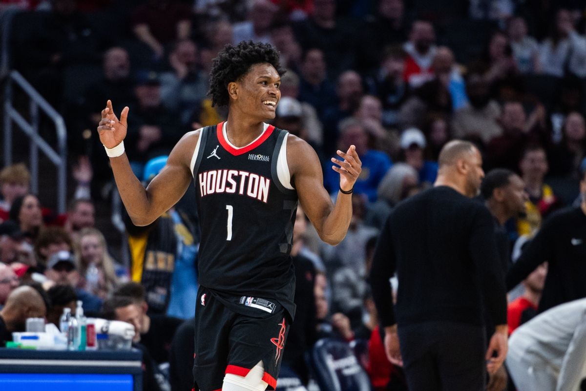 Mar 4, 2025; Indianapolis, Indiana, USA; Houston Rockets forward Amen Thompson (1) reacts to a call  in the second half against the Indiana Pacers at Gainbridge Fieldhouse. Mandatory Credit: Trevor Ruszkowski-Imagn Images