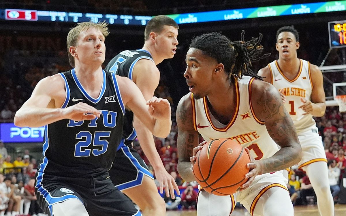Iowa State Cyclones guard Keshon Gilbert (10) looks for a drive with the ball around BYU Cougars's guard Dawson Baker (25) during the first half of the Big-12 men’s basketball in the Senior Day at Hilton Coliseum on March 4, 2025, in Ames, Iowa.