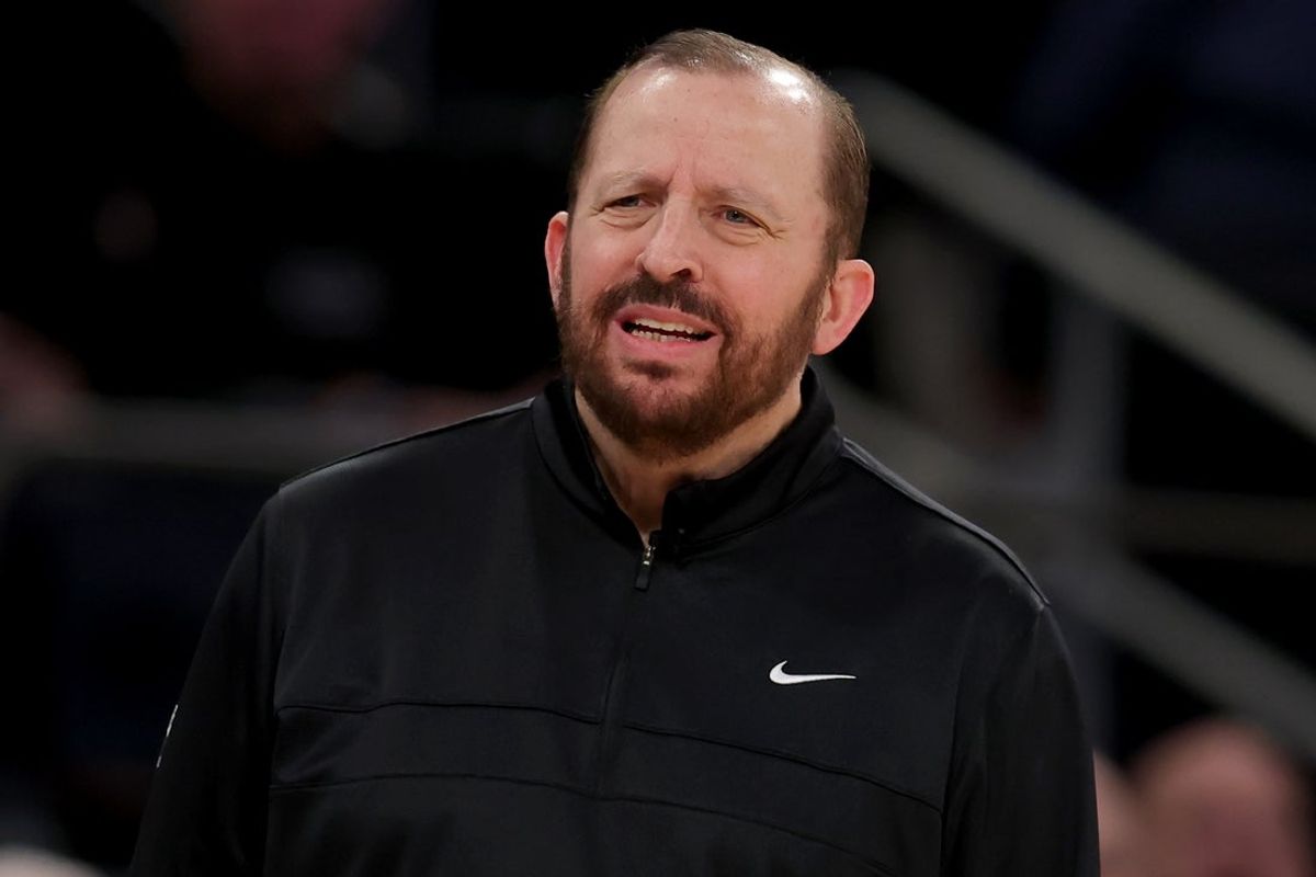 Mar 4, 2025; New York, New York, USA; New York Knicks head coach Tom Thibodeau reacts during the third quarter against the Golden State Warriors at Madison Square Garden. Mandatory Credit: Brad Penner-Imagn Images