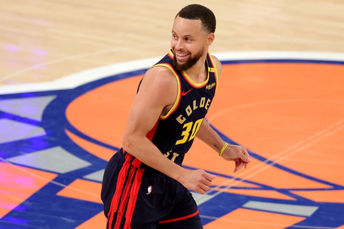 Mar 4, 2025; New York, New York, USA; Golden State Warriors guard Stephen Curry (30) reacts after a three point shot against the New York Knicks during the fourth quarter at Madison Square Garden. Mandatory Credit: Brad Penner-Imagn Images